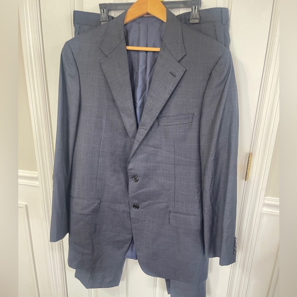 HICKEY FREEMAN Navy Suit WOOL Size 44 long Windowpane Pants 37x28 Flaw